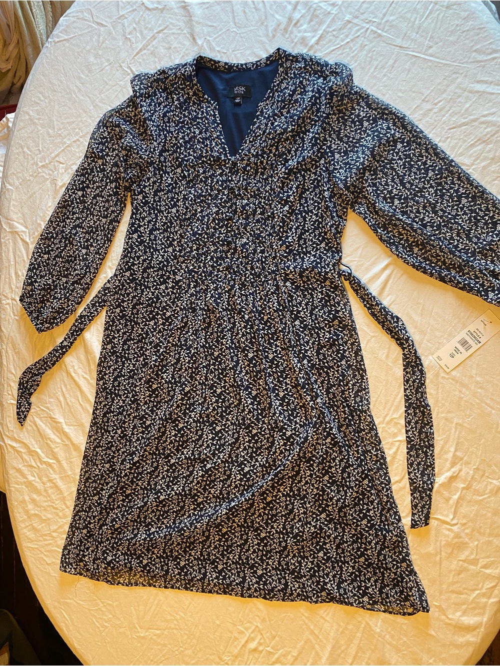 MSK Navy and White Floral Wrap Dress with Tie Waist